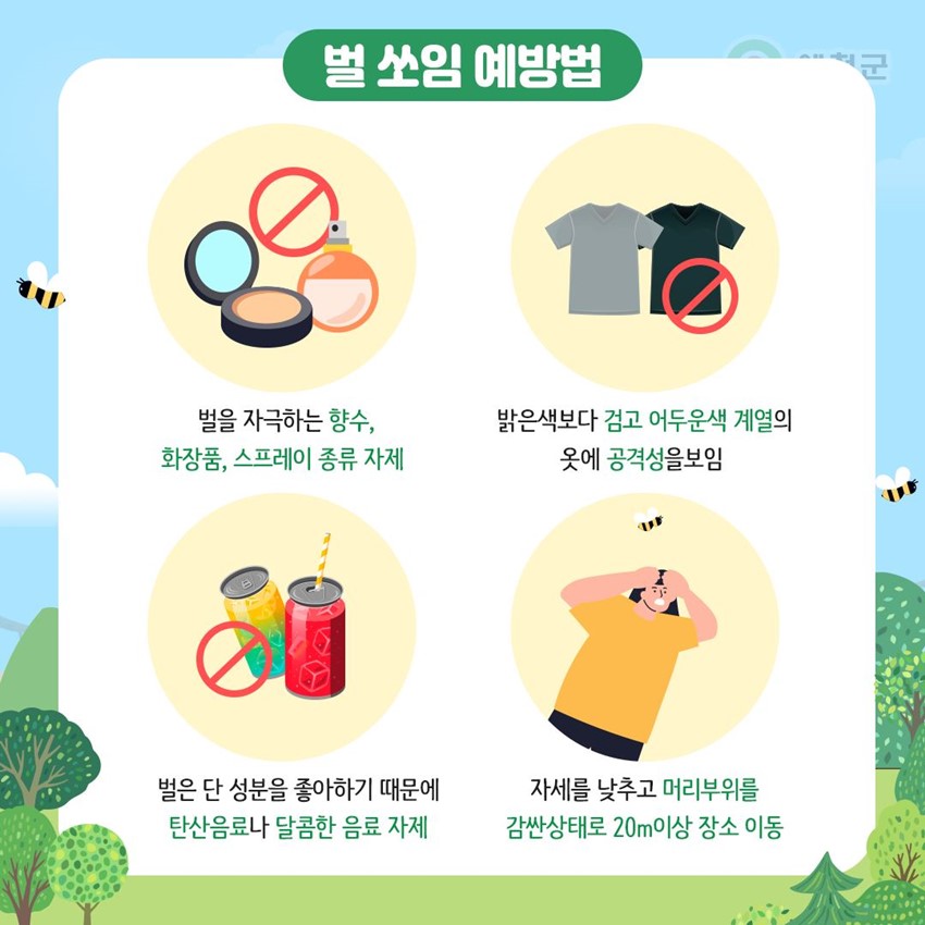벌 쏘임 예방법 벌을 자극하는 향수, 화장품, 스프레이 종류 자제 밝은색보다 검고 어두운색 계열의 옷에 공격성을 보임 벌은 단 성분을 좋아하기 때문에 탄산음료나 달콤한 음료 자제 자세를 낮추고 머리부위를 감싼상태로 20m이상 장소 이동